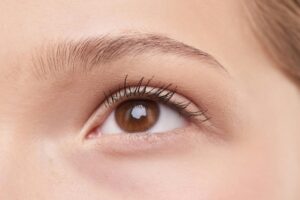 Detailed close-up of a woman's natural brown eye, showcasing eyelashes and eyebrow.